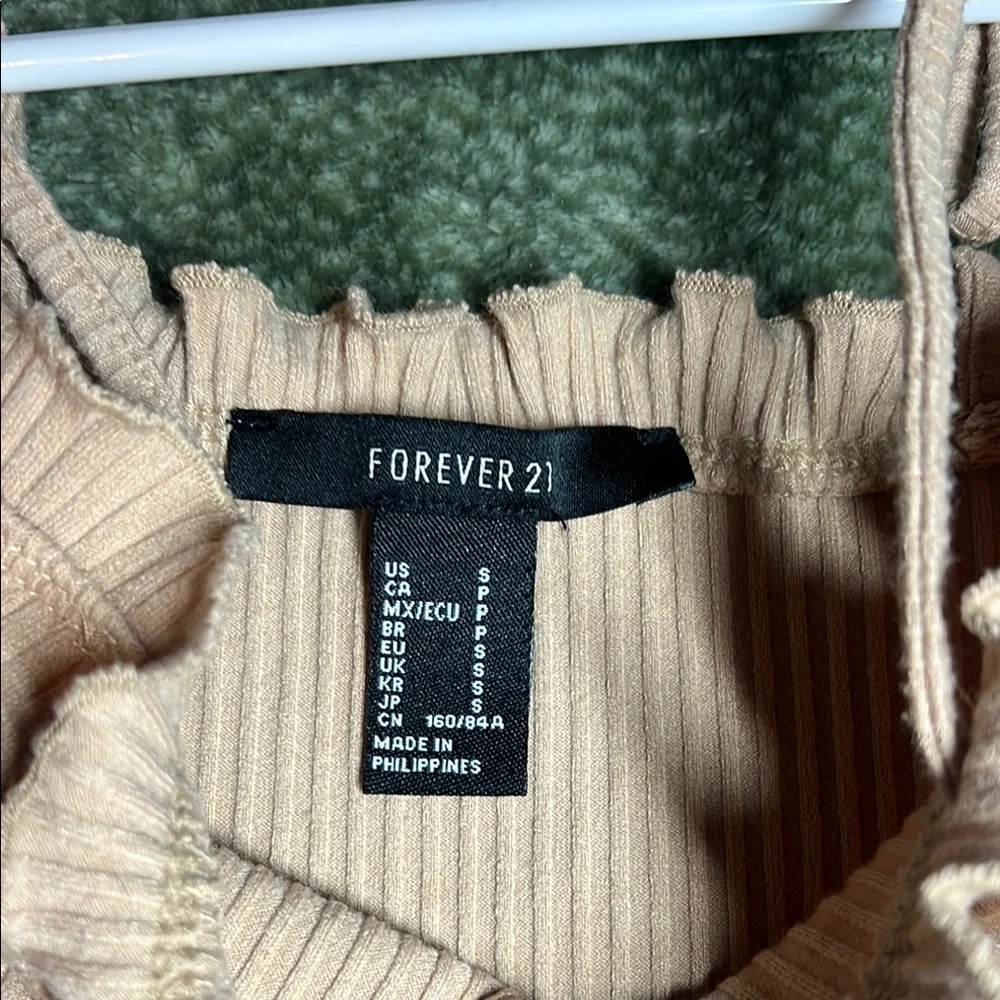 Tan Ruffle Trim Ribbed Crop Top - Picture 2 of 2